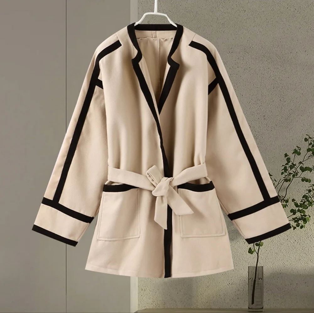 Striped Women's Woolen Coat Contrast Color Belts Long Sleeve Pocket Casu… - Picture 6 of 7